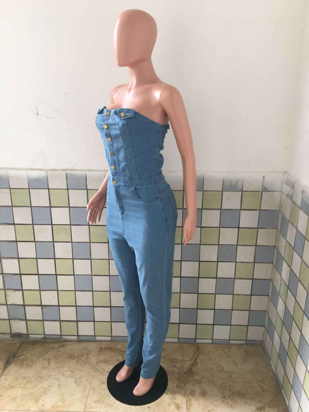 Casual Tube Top Slim Fit Denim Jumpsuit