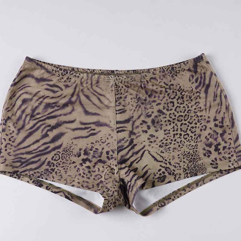 Leopard Print Lace up Halterneck Sexy Two Piece Bottoms Sets