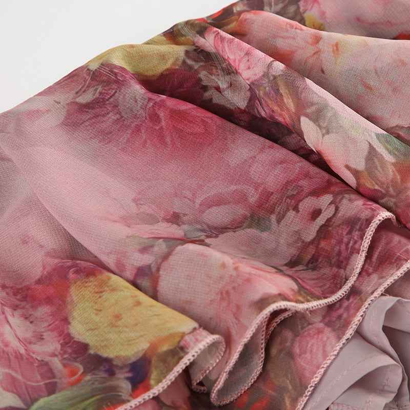 Sexy Holiday Romantic Floral Print Ruffled Skirt Sexy Irregular Asymmetric Trailing Dress with Lining