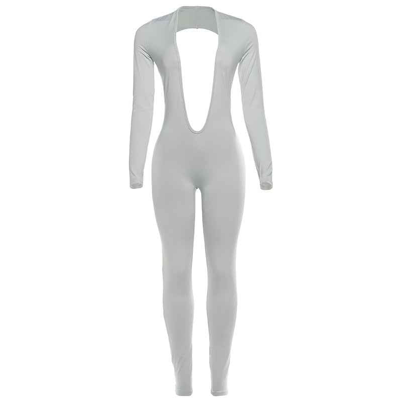 Backless Deep V Plunge Long Sleeve Solid Color Jumpsuit