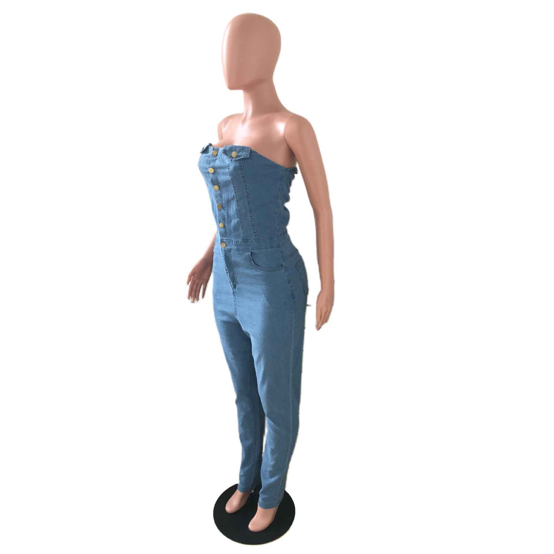 Casual Tube Top Slim Fit Denim Jumpsuit