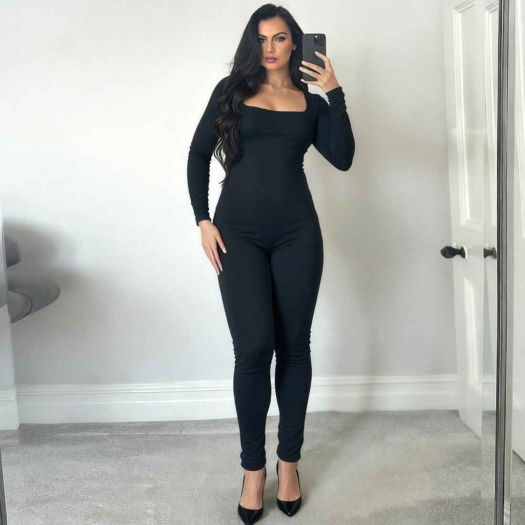Backless Lace up Long Sleeve Solid Color Hip Lifting Jumpsuit