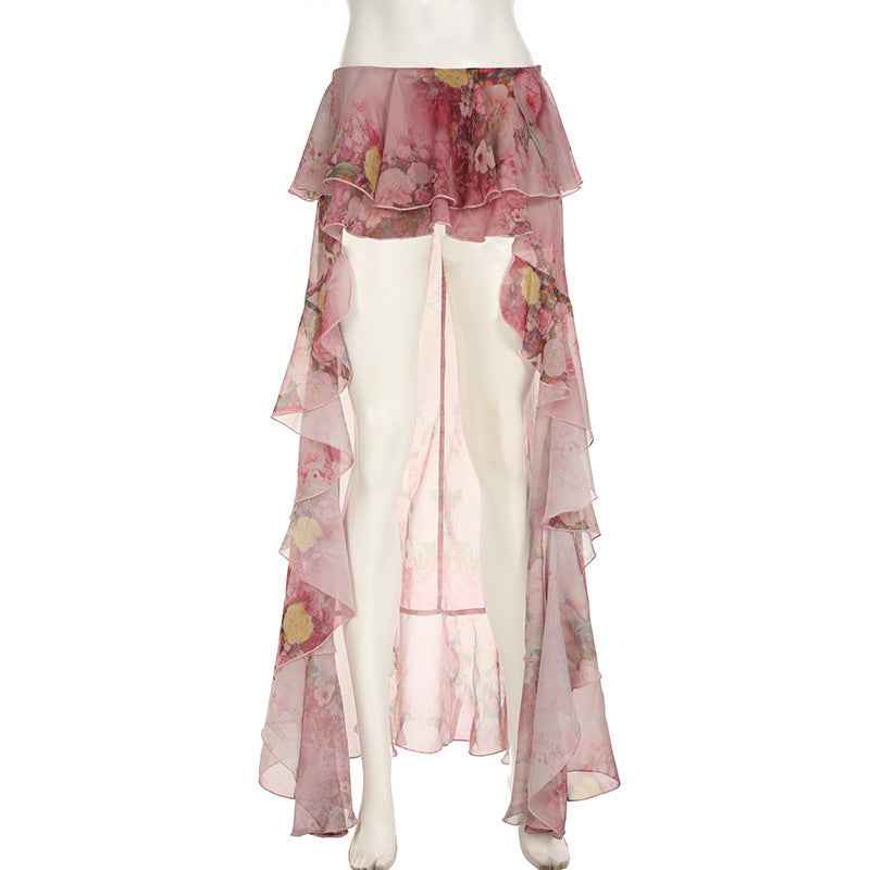 Sexy Holiday Romantic Floral Print Ruffled Skirt Sexy Irregular Asymmetric Trailing Dress with Lining