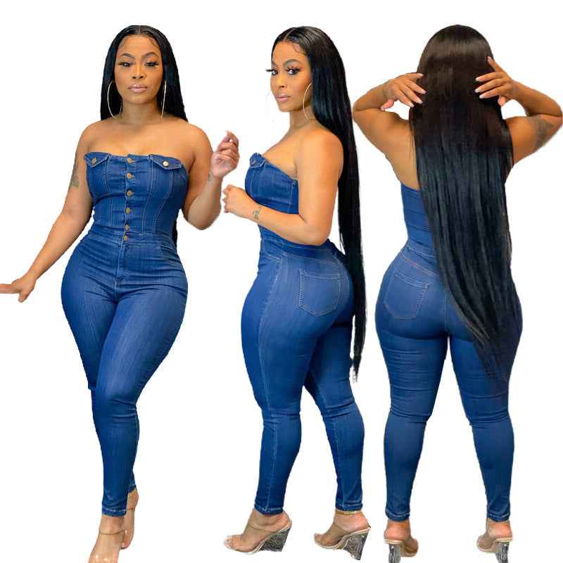 Casual Tube Top Slim Fit Denim Jumpsuit