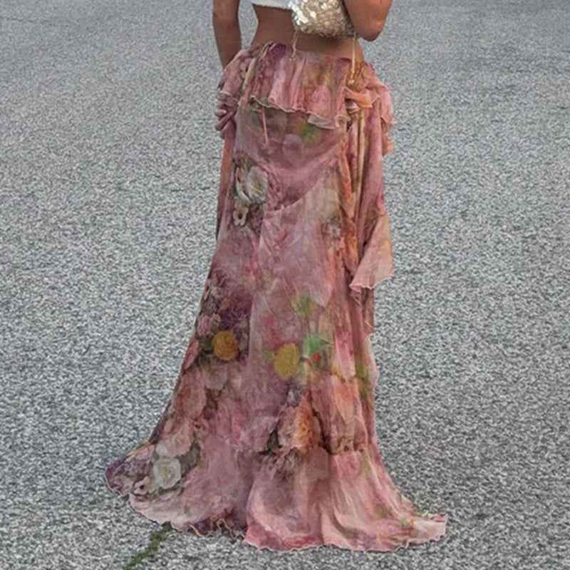 Sexy Holiday Romantic Floral Print Ruffled Skirt Sexy Irregular Asymmetric Trailing Dress with Lining