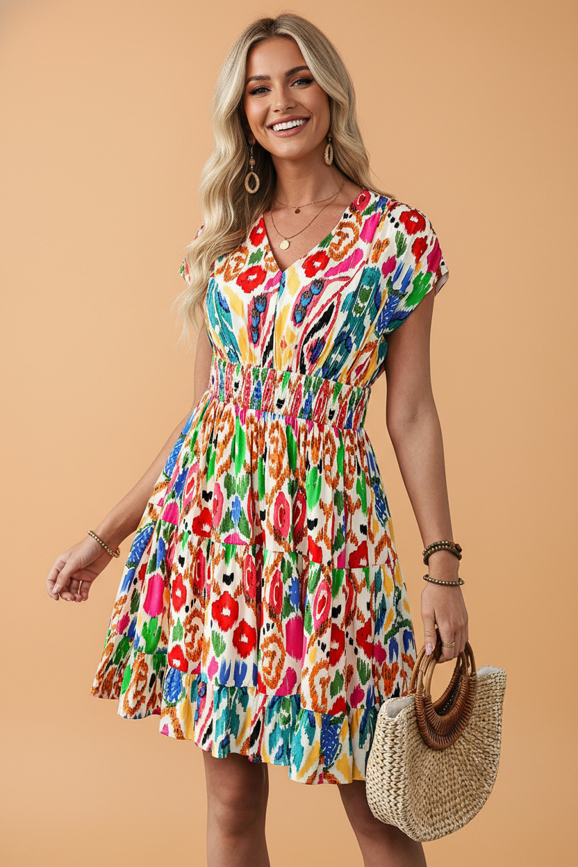 Abstract V-Neck Dolman Sleeve Ruffle Tiered Mini Dress