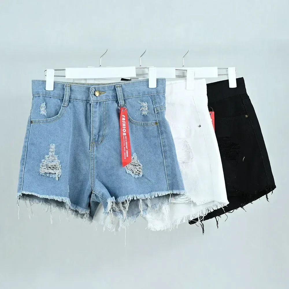 3pcs Women's High Waist Denim Shorts 2025 Summer Black Blue White Hot Pants Ripped Jeans Shorts Woman Short Trousers Streetwear