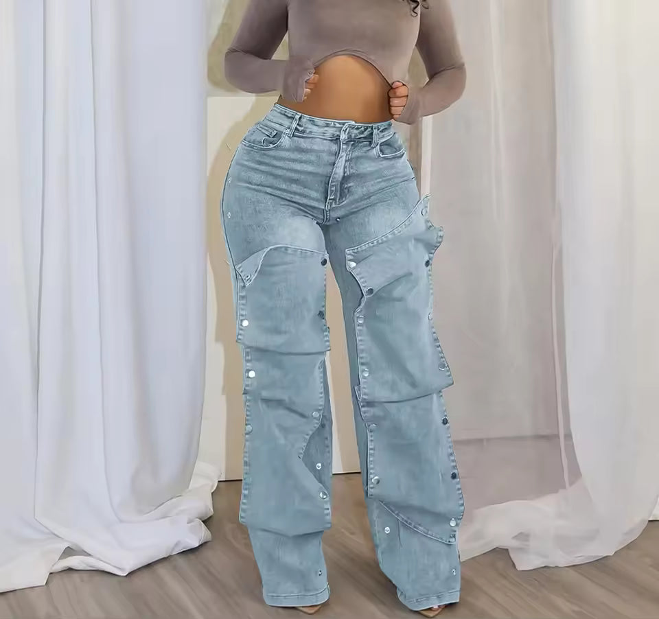 Studded Panel Wide Leg Jeans