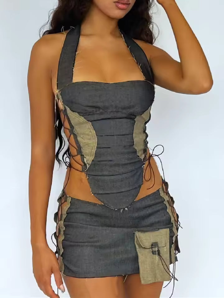 Patchwork Lace-Up Set