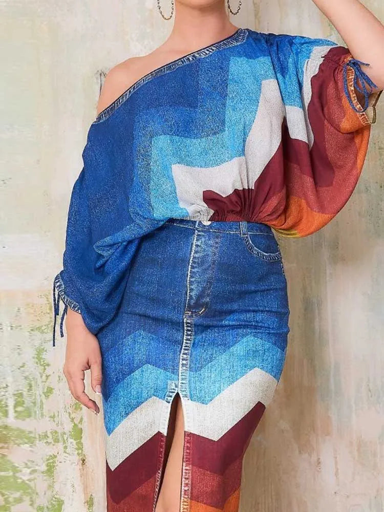 2 Piece Outfit Set Women Streetwear Summer Outfits with Skirts Fake Denim Print Elegant Chic Open Split Skirt Long Sexy Female