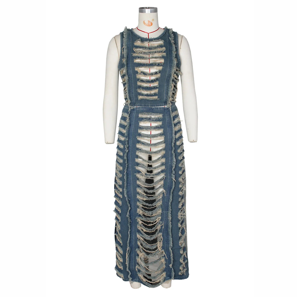 DSMTRC Women Sleeveless Crop Tank Tops and Split Side Maxi Skirt Streetwear Outfits Elegant Ripped Hole Denim Two 2 Piece Dress
