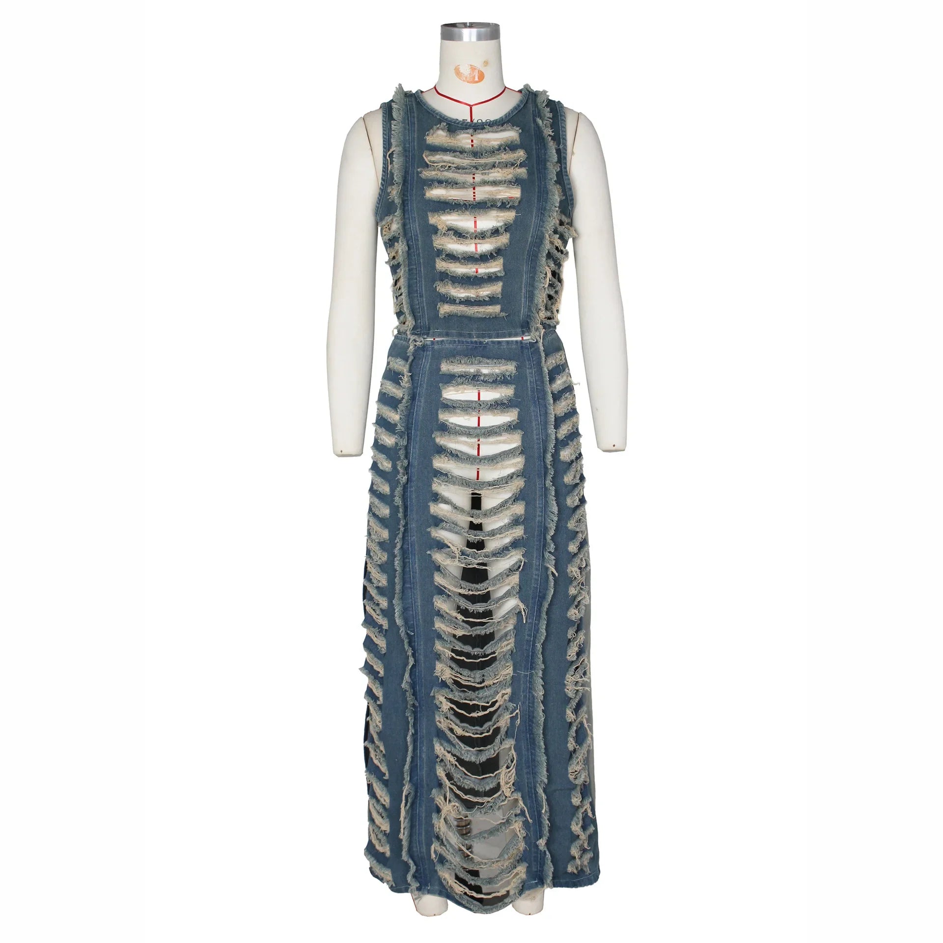 DSMTRC Women Sleeveless Crop Tank Tops and Split Side Maxi Skirt Streetwear Outfits Elegant Ripped Hole Denim Two 2 Piece Dress
