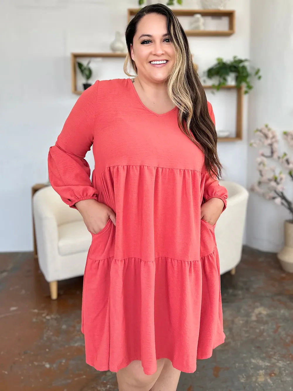 Full-Size V-Neck Balloon Sleeve Tiered Dress with Pockets
