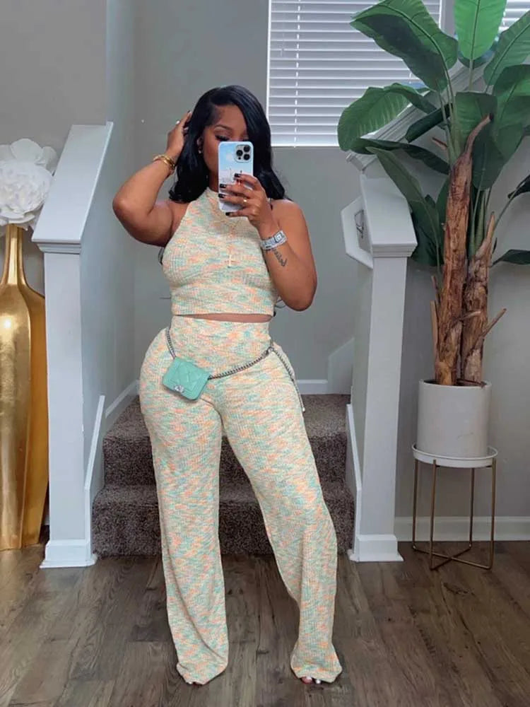 2 Piece Sets Womens Outfits Elegant Stretchy Knitted Summer Suit Sexy Sleeveless Top and Pant Suit Wholesale Dropshipping