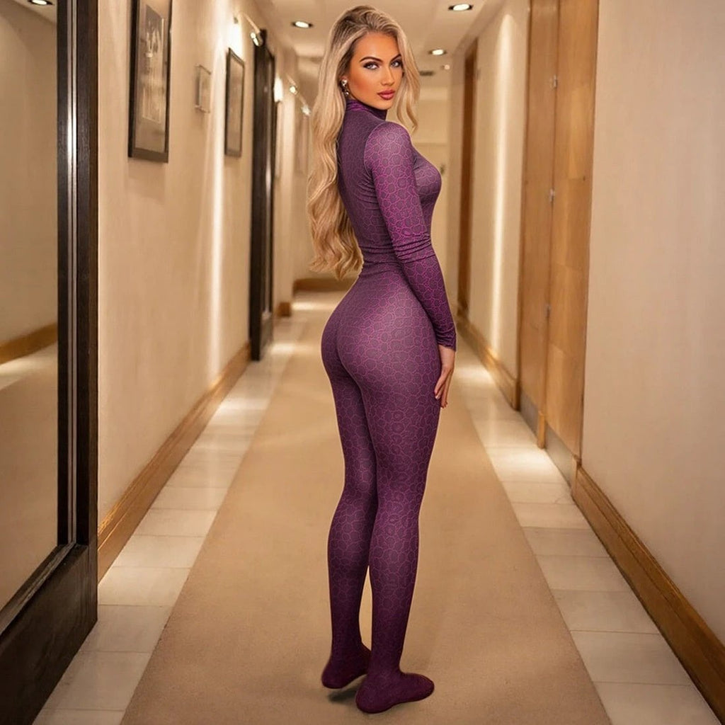 Print High-neck Long-sleeved Sexy High-waisted Slim Jumpsuit