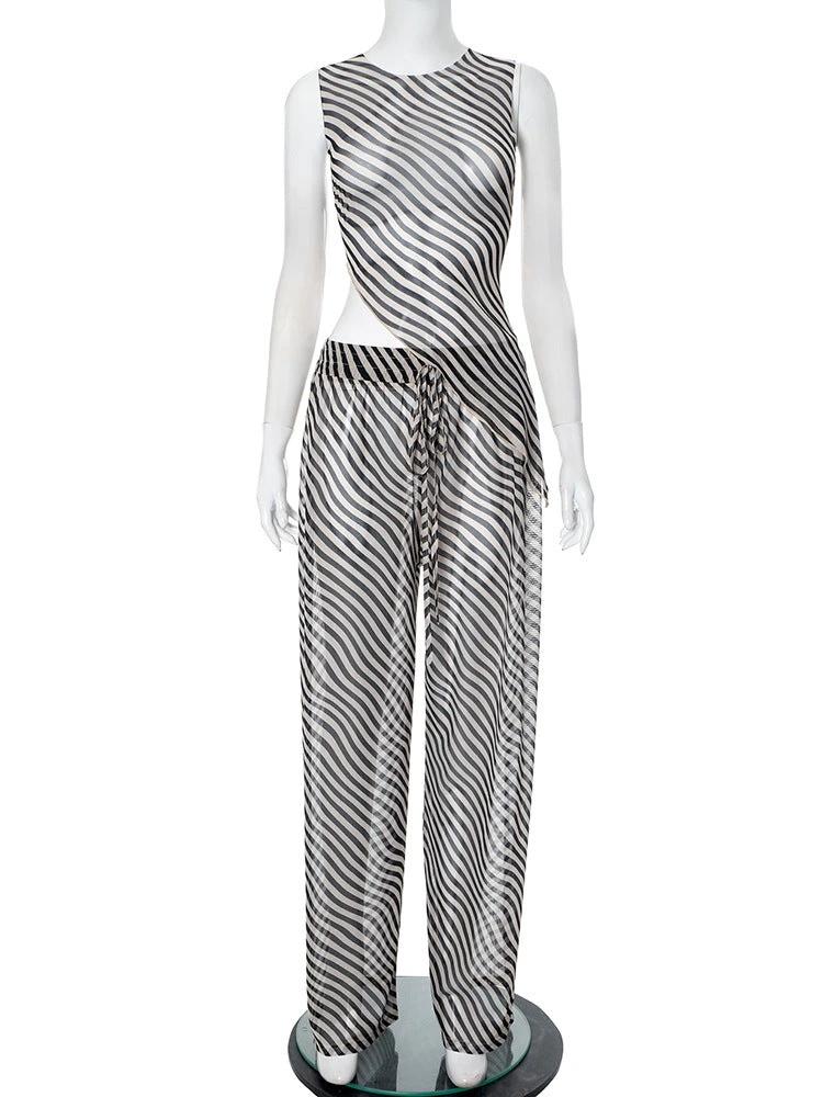 Women's Sleeveless Diagonal Stripes See-through Irregular Top Suit