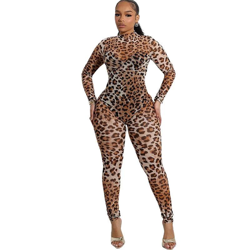 Women's Fashion Sexy Mesh Leopard Print High Waist Figure Flattering Sheath Jumpsuit