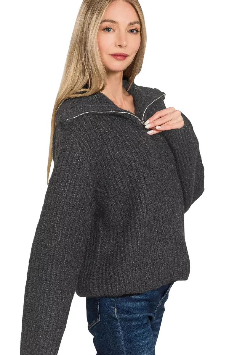 Zenana High Neck Full Zip Sweater Cardigan