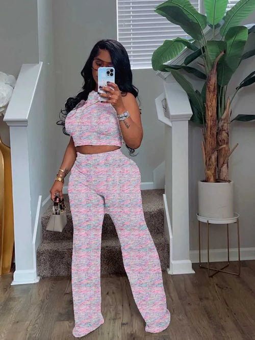 2 Piece Sets Womens Outfits Elegant Stretchy Knitted Summer Suit Sexy Sleeveless Top and Pant Suit Wholesale Dropshipping