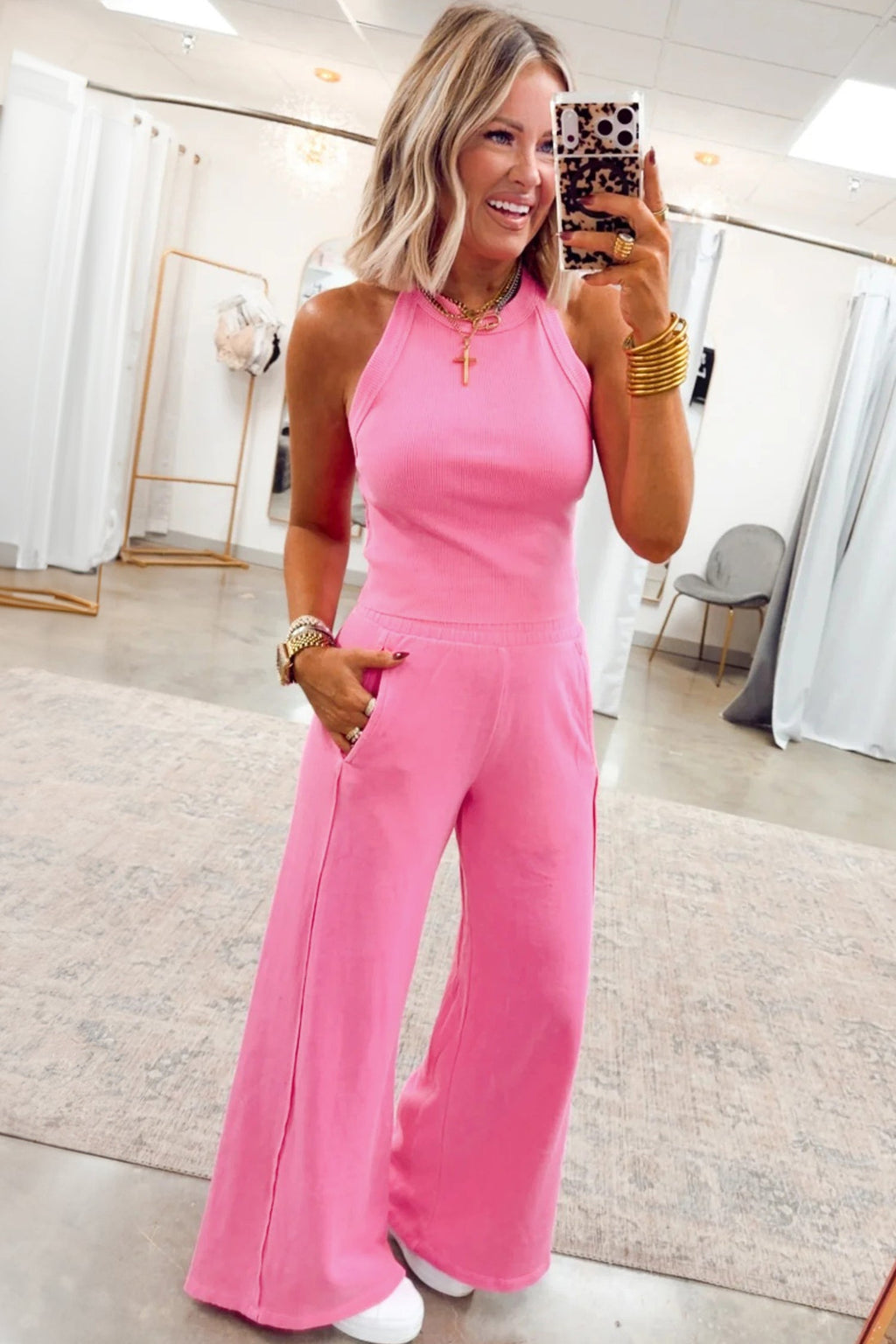 Solid Ribbed Tank Top and Sweatpants Set