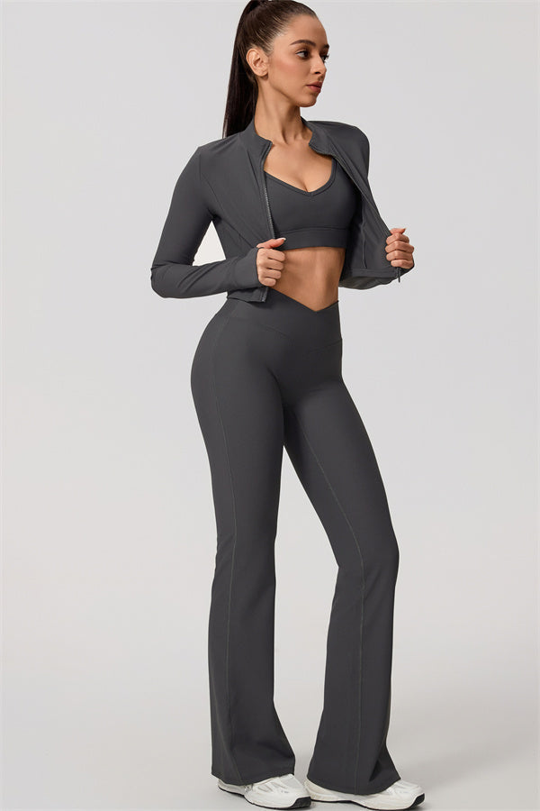 The Daze Zip Jacket Sports Bra Flared Leggings 3-Piece Set