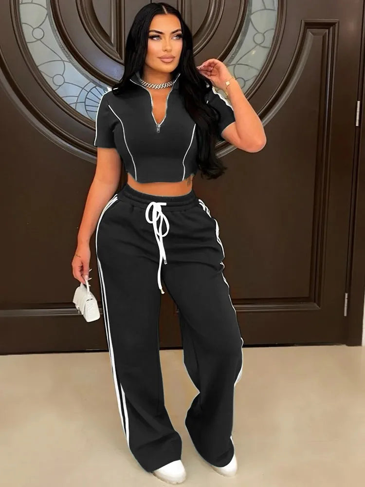 Fashion Casual Short Hoodie 2 Piece Women Summer Zipper Top Short Sleeved Sports T Shirt Stripe Splicing Long Pants Female Suit