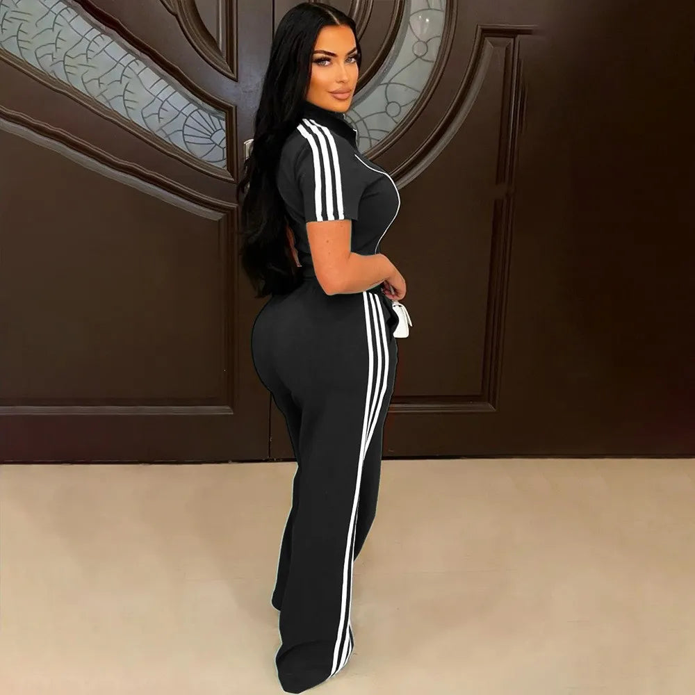 Fashion Casual Short Hoodie 2 Piece Women Summer Zipper Top Short Sleeved Sports T Shirt Stripe Splicing Long Pants Female Suit